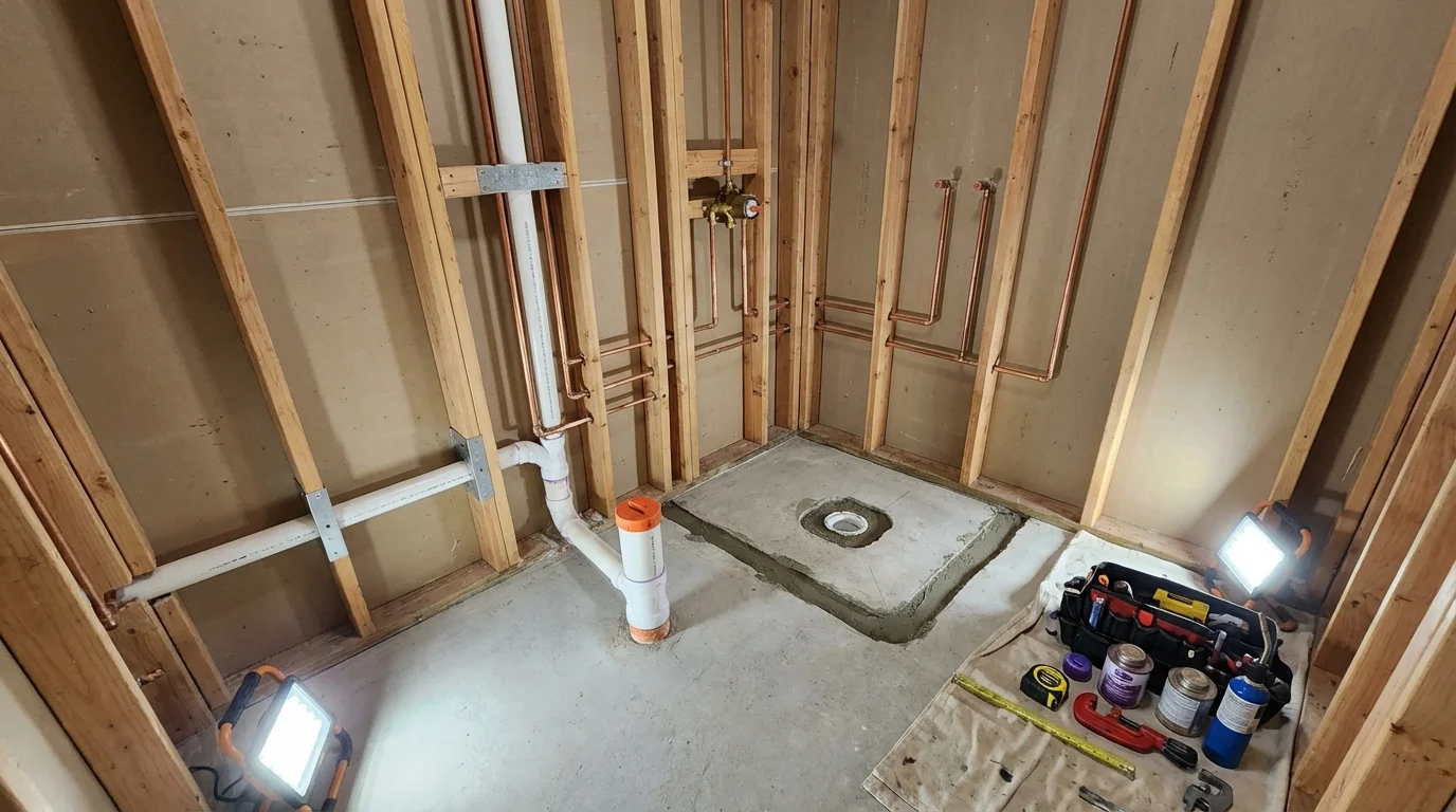 Bathroom rough-in plumbing during remodel by Johns Plumbing LLC in Litchfield