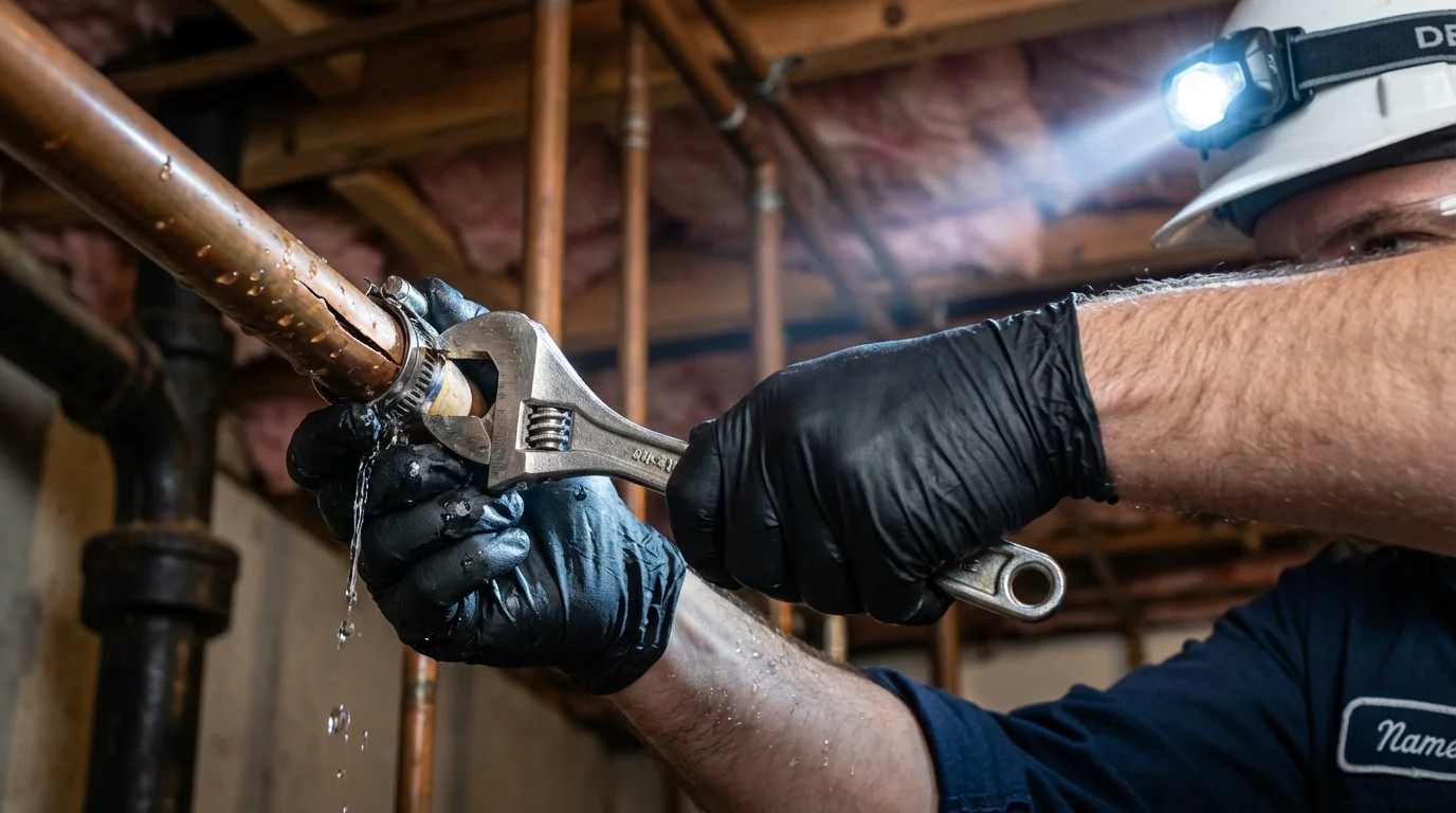 Emergency pipe clamp repair being performed by a Johns Plumbing LLC plumber in Litchfield