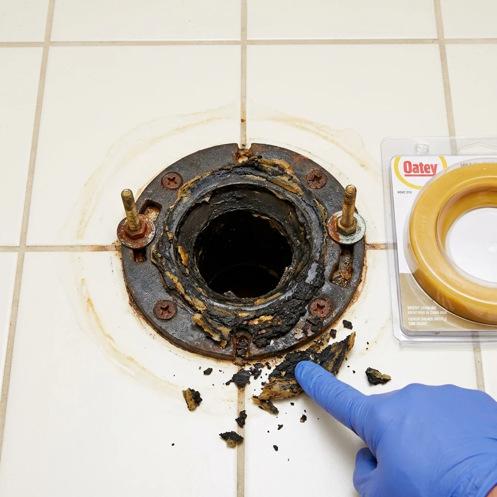 Failed wax ring showing water seepage at the base of a toilet in a Litchfield, MI home
