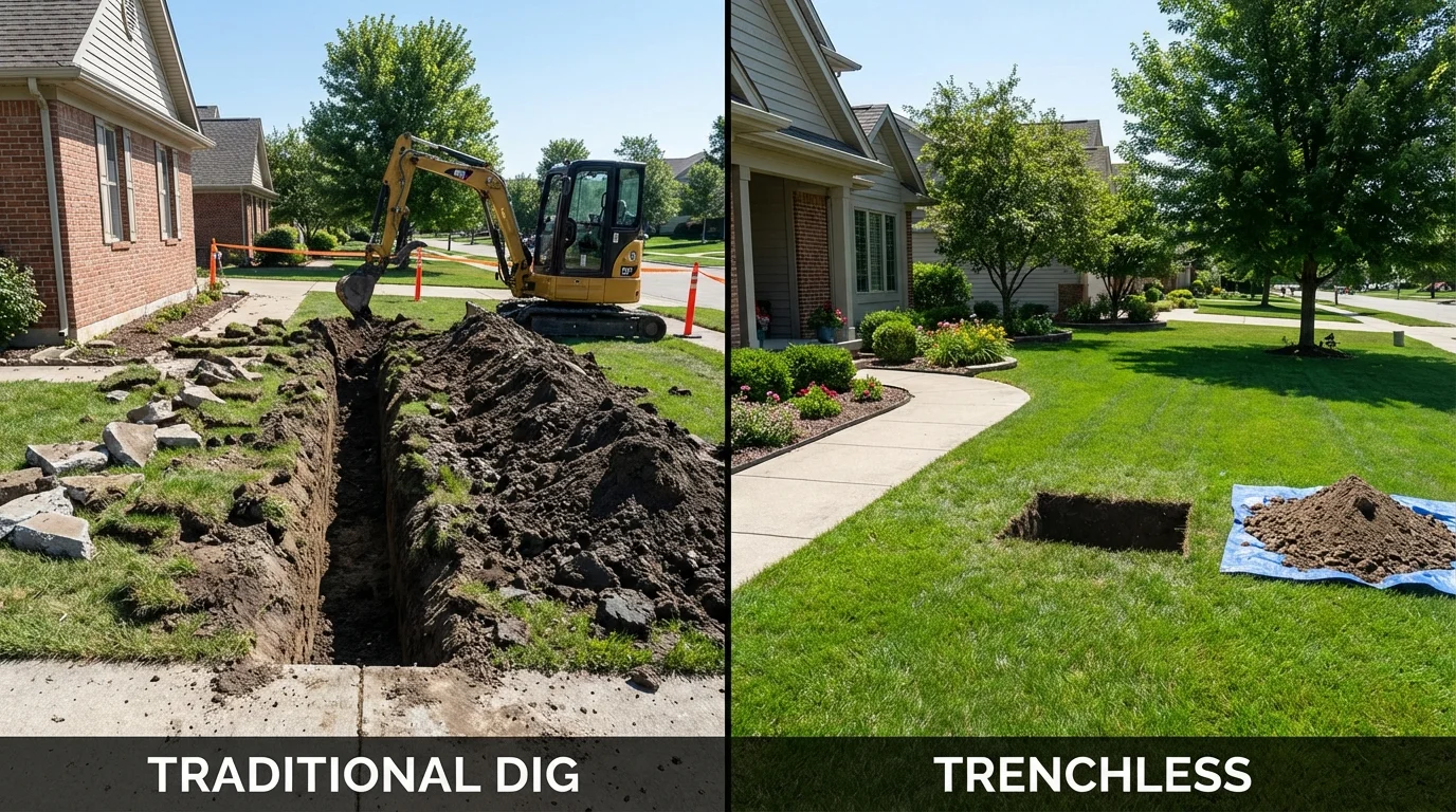 Trenchless sewer repair with minimal yard damage versus traditional excavation in Litchfield, MI