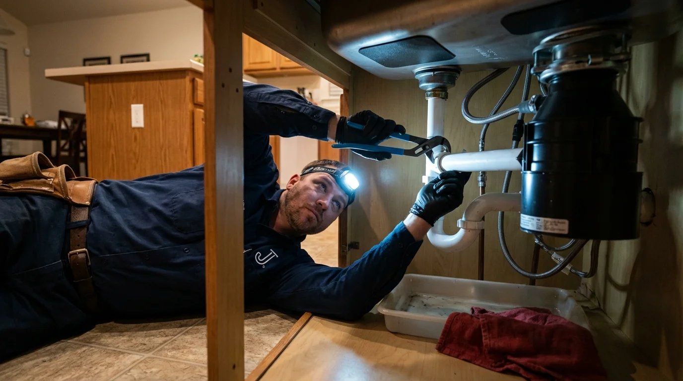 P-trap and supply line connections under a kitchen sink showing a common leak point in Litchfield, MI